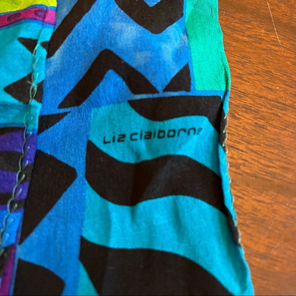 Liz Claiborne Vintage Silk Geometric Turquoise Purple Green Scarf - Picture 8 of 8